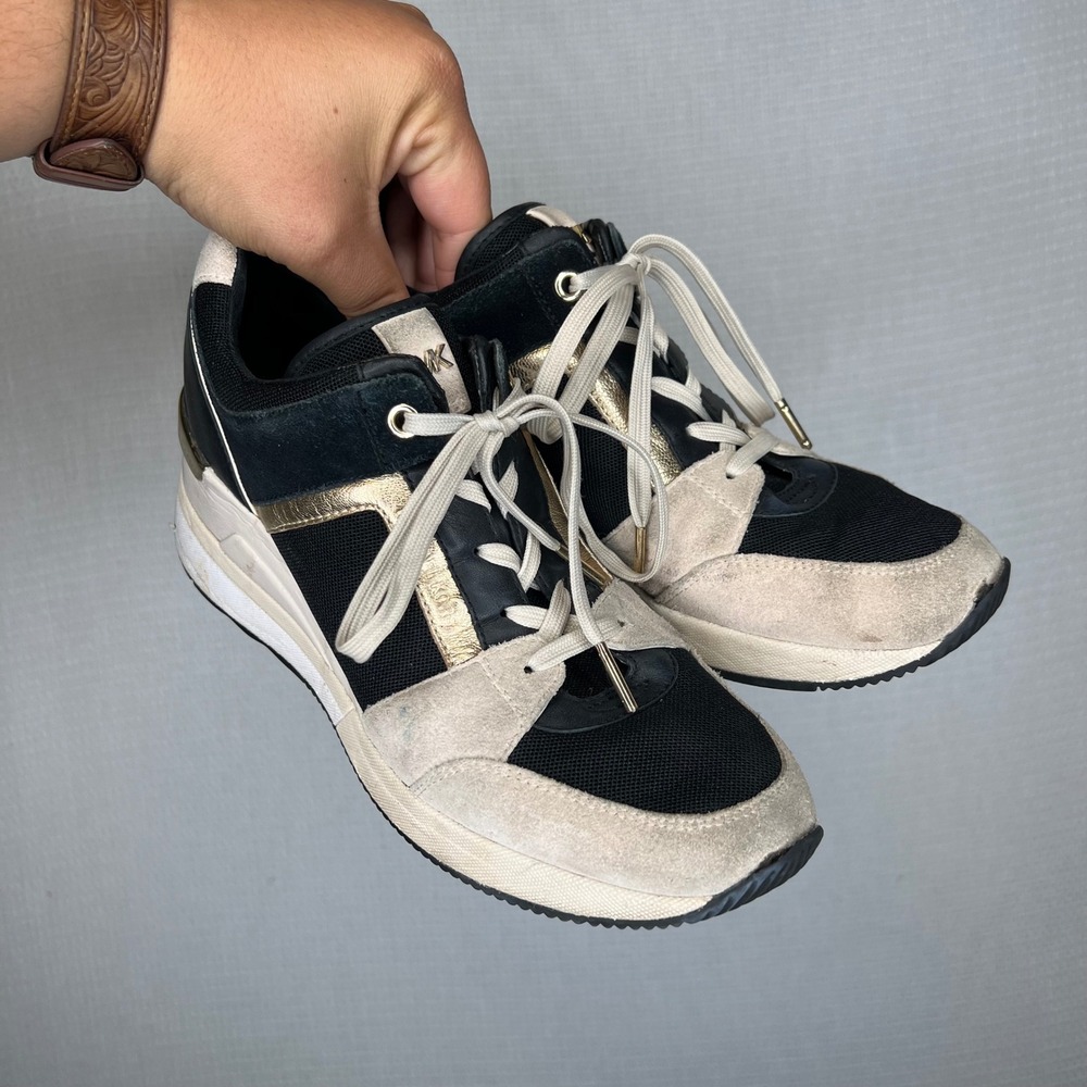 Michael Kors Wedge‎ Sneakers Black Gold Suede Leather Athletic Shoes Size 8